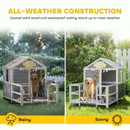 Outdoor Dog House, 61"L Wooden Dog House with Porch, Weatherproof Roof, Elevated Base, Air Vents & Observation Windows