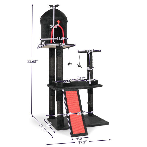 53in Gothic Cat Tree With Coffin Bed, Large Cat Tower With Spacious Cat Condo, Scratching Posts, Spider Hanging Toys, Scratching Board, Multi-Level Cat Activities Furniture For Large Cats, Red & Black